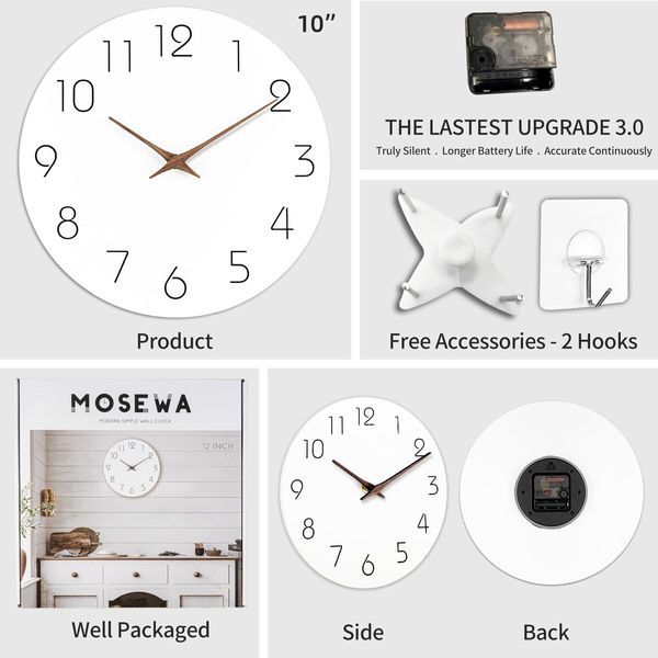 Wall Clock,Silent Non-Ticking 10 Inch Wall Clocks Battery Operated,Modern Style Wooden Clock Decorative for Kitchen,Home,Bedrooms,Office (10Inch White)