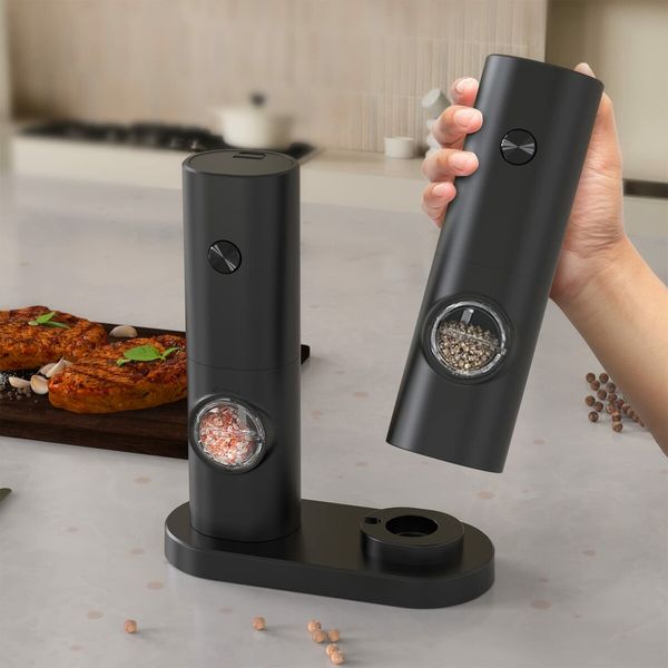 Electric Salt Pepper Grinder with Storage Base Adjustable Roughness Automatic Electronic Spice Grinder(Black)