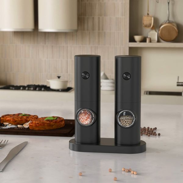 Electric Salt Pepper Grinder with Storage Base Adjustable Roughness Automatic Electronic Spice Grinder(Black)