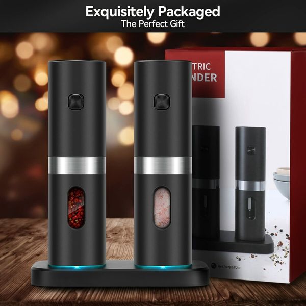 Electric Salt Pepper Grinder Set Mill Refillable with Rechargeable Base 2 Adjustable Coarseness Mills LED Light