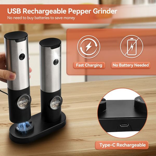 Electric Salt and Pepper Grinder Set W/USB Rechargeable Base Automatic Powered Spice Mill Shakers Refillable LED Light