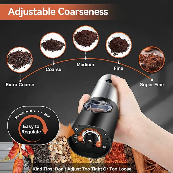 Electric Salt and Pepper Grinder Set W/USB Rechargeable Base Automatic Powered Spice Mill Shakers Refillable LED Light