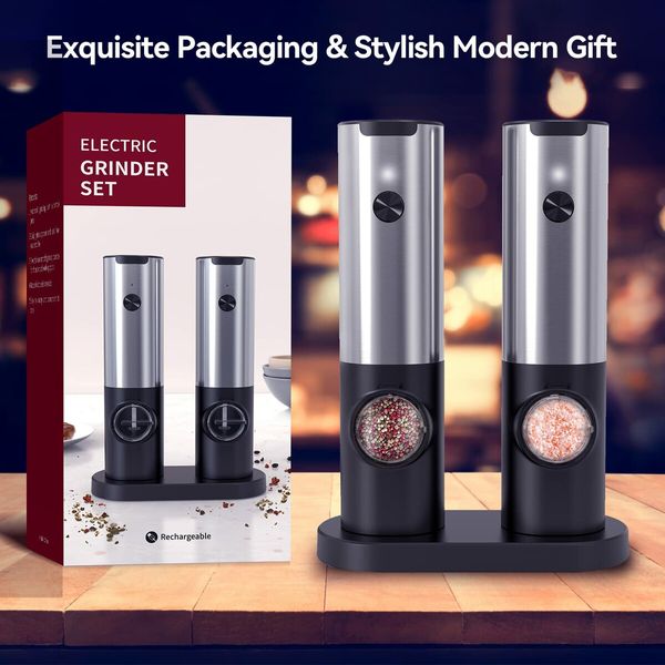 Electric Salt and Pepper Grinder Set W/USB Rechargeable Base Automatic Powered Spice Mill Shakers Refillable LED Light