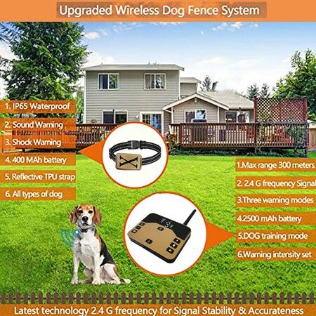 2 in 1 Pet Dog Electric Fence System Rechargeable Waterproof Receiver Adjustable Dog Training Collar Electric Fence Containment System For Two Dog Color Gold