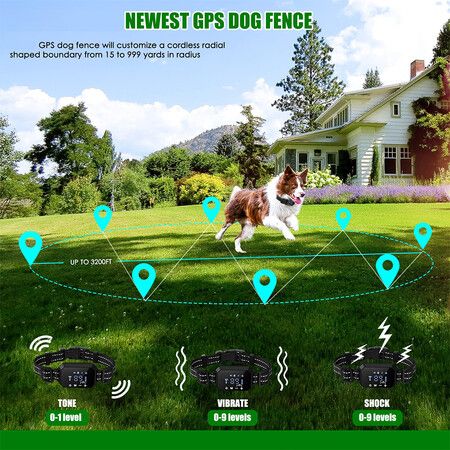 GPS Wireless Dog Fence Outdoor Help Training Behavior Aids Pet Fencing Device Dog Bark Collar Electric Shock 1000m Range Color White