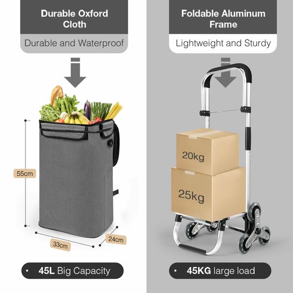 Shopping Trolley Cart Wheeled Bag Storage Trolly Foldable Grocery Market Utility Granny Stair Climbing Wheels Aluminium 45kg