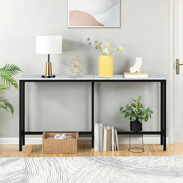 Narrow Console Table Hall Entryway Bar Side Sofa Couch Wood Accent Long Slim Storage Shelf Marble Effect 160x20x79cm