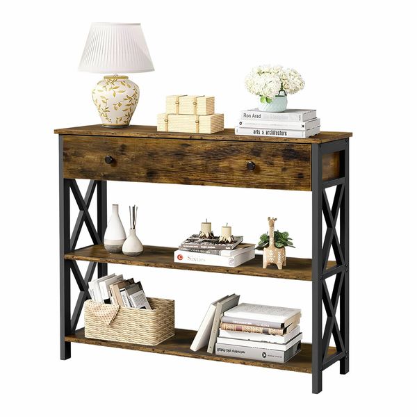 Industrial Console Table with Drawer Hall Entryway Bar Side Sofa Wooden Accent Couch Lamp Storage Shelf Display 100x30x80cm