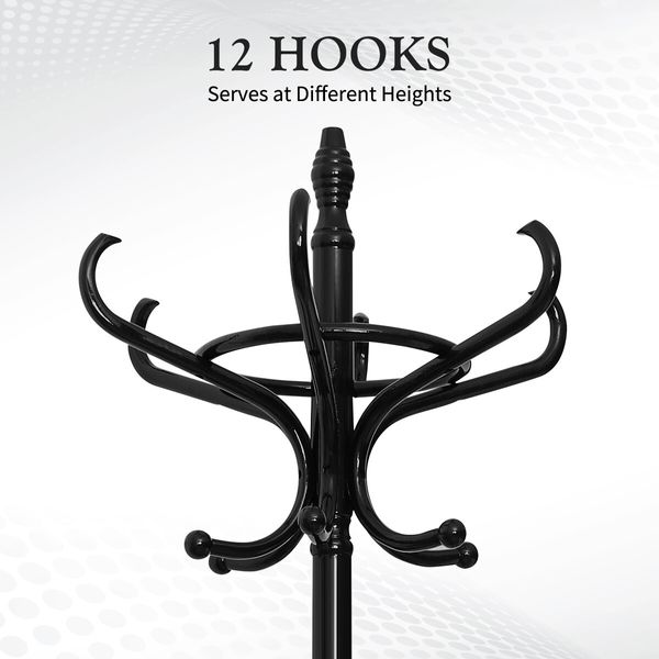 Coat Rack Stand Wooden Clothes Hat Hanger 12 Hooks Umbrella Hall Tree Garment Organiser Storage Walnut Black