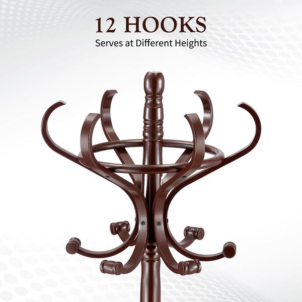 Wooden Coat Rack Stand 12 Hooks Freestanding Hall Tree Hanger Organiser for Clothes Hat Jacket Umbrella Walnut Brown