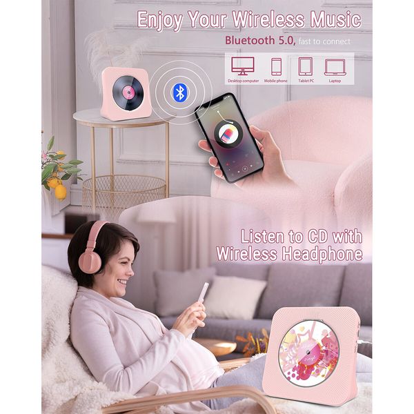 Portable CD Player with Bluetooth: 4000mAh Rechargeable Kpop Music Player with HiFi Speaker,Remote Control,LCD Display,Sleep Timer,Headphone Jack,Supports CD/Bluetooth/FM Radio/U-Disk/AUX (Pink)