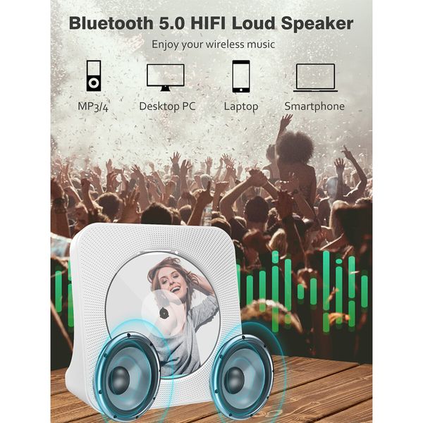 Portable CD Player with Bluetooth: 4000mAh Rechargeable Kpop Music Player with HiFi Speaker,Remote Control,LCD Display,Sleep Timer,Headphone Jack,Supports CD/Bluetooth/FM Radio/U-Disk/AUX (White)