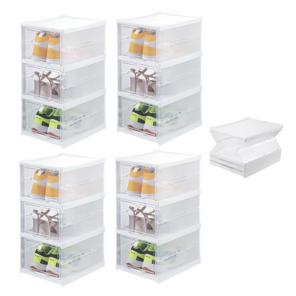 12 Tier Shoe Boxes Organiser Storage Shoebox Containers Clear Plastic Display Case Sneaker Bins Holder Stackable Folding