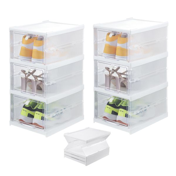 6 Tier Shoe Boxes Organiser Storage Shoebox Containers Clear Plastic Display Case Sneaker Bins Holder Stackable Folding