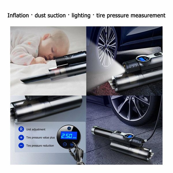 4-in-1 Car Vacuum Cleaner, Tire Inflator Portable Air Compressor With Digital Tire Pressure Gauge LCD Display And Light, USB Charging