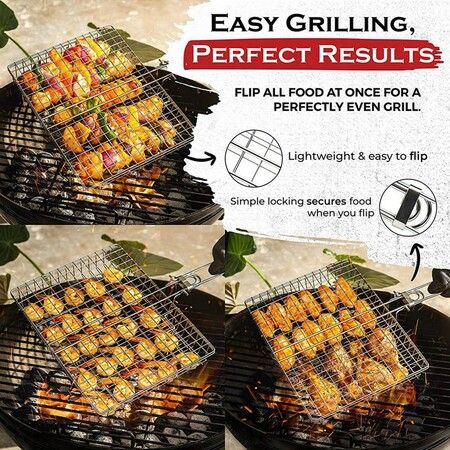 Portable BBQ Fish Grill Basket For Outdoor Grill, Rustproof Stainless Steel With Detachable And Foldable Handle