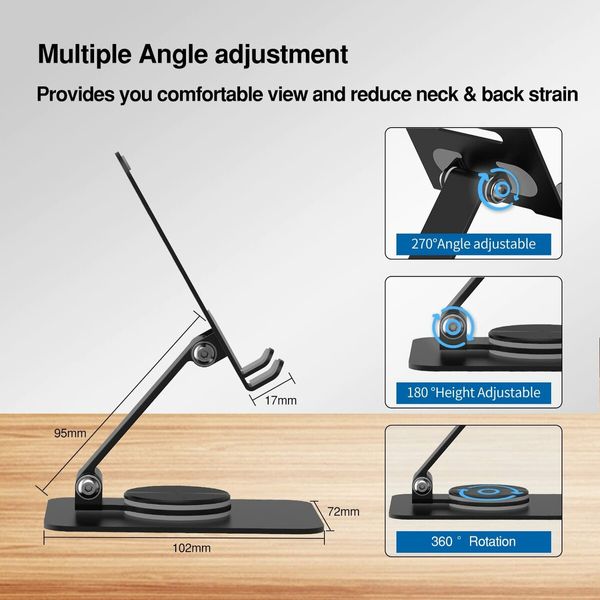 360 Rotating Cell Phone Stand Adjustable Foldable Desktop Phone Holder (Black)