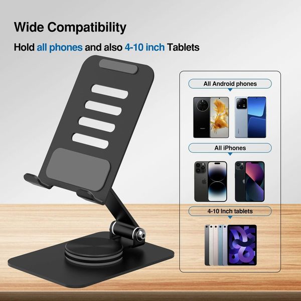 360 Rotating Cell Phone Stand Adjustable Foldable Desktop Phone Holder (Black)