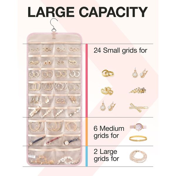 Hanging Jewelry Organizer Storage Roll with Hanger Metal Hooks Double-Sided Jewelry Holder for Earrings,Necklaces,Rings on Closet,Wall,Door,1 piece,Large,Pink