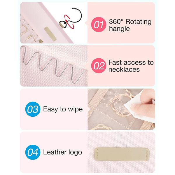 Hanging Jewelry Organizer Storage Roll with Hanger Metal Hooks Double-Sided Jewelry Holder for Earrings,Necklaces,Rings on Closet,Wall,Door,1 piece,Large,Pink