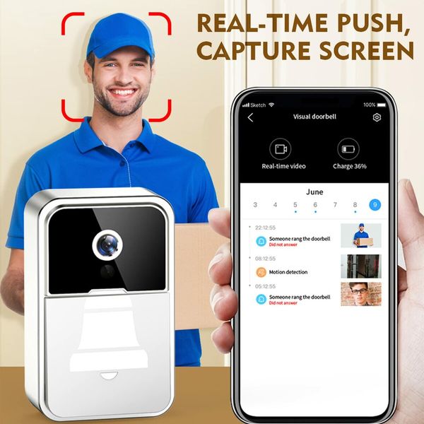 Smart Wireless Remote Video Doorbell Intelligent Visual Doorbell Home Intercom HD Night Vision WiFi Rechargeable Security Door Doorbell Color White