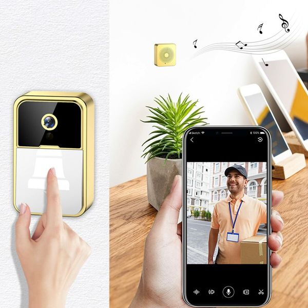 Smart Wireless Remote Video Doorbell Intelligent Visual Doorbell Home Intercom HD Night Vision WiFi Rechargeable Security Door Doorbell Color Gold