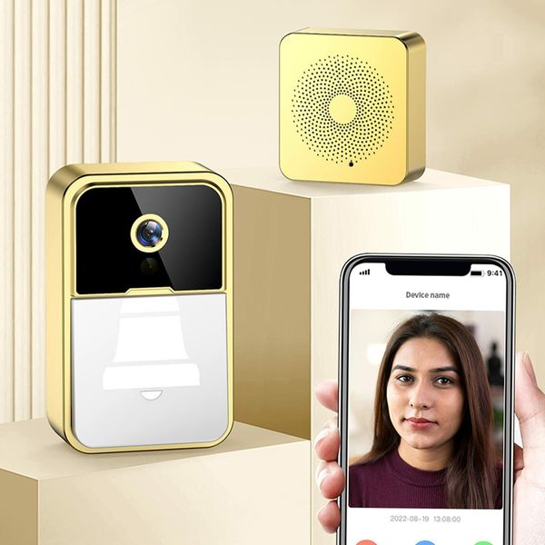 Smart Wireless Remote Video Doorbell Intelligent Visual Doorbell Home Intercom HD Night Vision WiFi Rechargeable Security Door Doorbell Color Gold