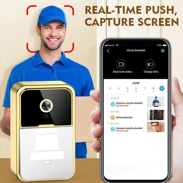 Smart Wireless Remote Video Doorbell Intelligent Visual Doorbell Home Intercom HD Night Vision WiFi Rechargeable Security Door Doorbell Color Gold