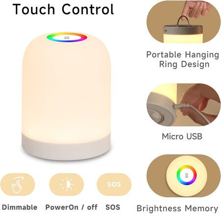 Portable LED Table Lamp with Touch Sensor,Night Lamp with Hanging Ring, Long Battery Life, RGB Lights, for Nursery, Camping, and Bedroom