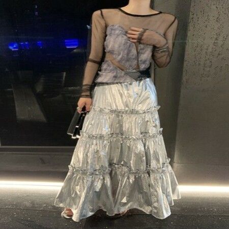 Silver Pleated Midi Skirt  High Waist A-line Slimming Long Skirt