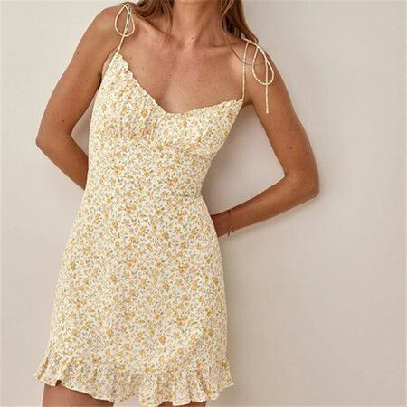 Vintage Vacation Style Ruffled Hem Mini Skirt Summer V-Neck Backless Thin Shoulder Strap Camisole Dress