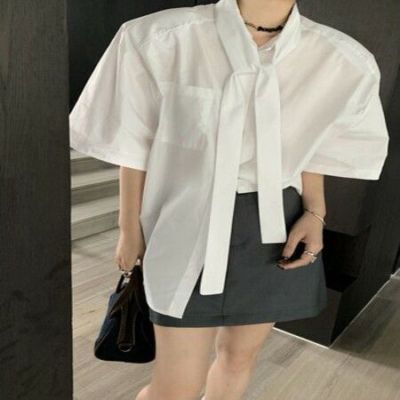 Short-sleeved Shirt casual and loose-fitting blouse for women with tie straps color white