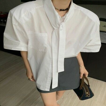 Short-sleeved Shirt casual and loose-fitting blouse for women with tie straps color white