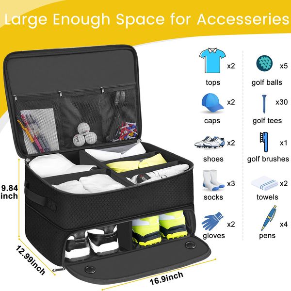 Golf Trunk Organizer 2 Layer Waterproof Car Locker Ventilated Compartment 2 Pair Shoes Durable Storage Balls Tees Clothes Gloves Accessories Gift Black