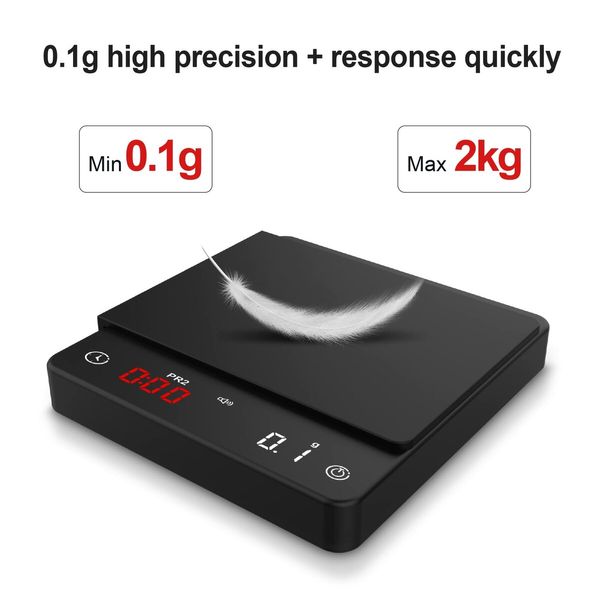 Coffee Espresso Scale Weight Digital Coffee Scale with Timer 2kg/0.1g High Precision Pour Over Hand Drip Scale Weighing Instrument Auto Mode(LED,Black,Rechargeable)