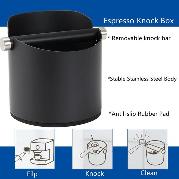 5.55 inch Espresso Knock Box Stainless Steel Coffee Grounds Knock Box With Removable Knock Bar Non-Slip Rubber Base-Black