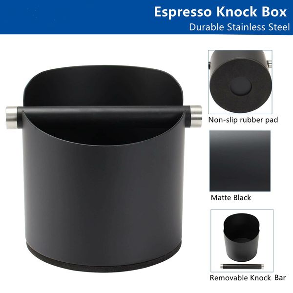 5.55 inch Espresso Knock Box Stainless Steel Coffee Grounds Knock Box With Removable Knock Bar Non-Slip Rubber Base-Black