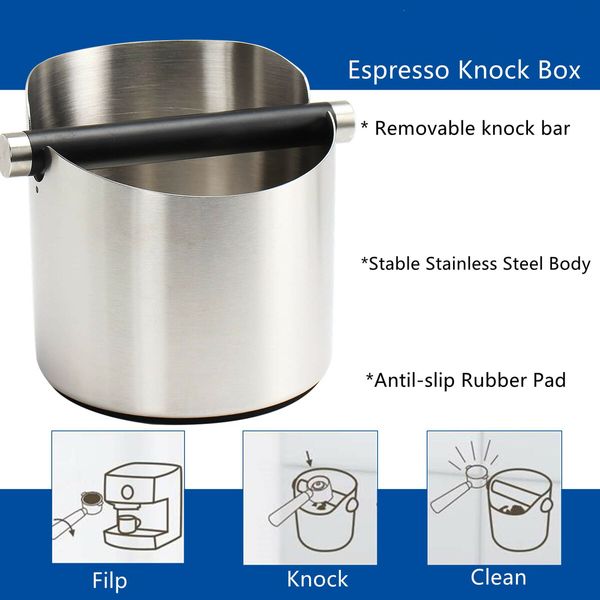 5.55 inch Espresso Knock Box Stainless Steel Coffee Grounds Knock Box With Removable Knock Bar Non-Slip Rubber Base-Silver