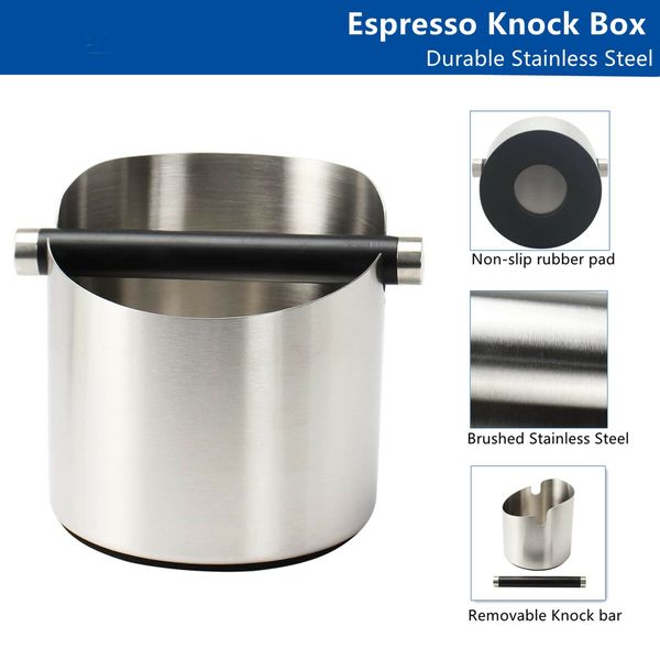 5.55 inch Espresso Knock Box Stainless Steel Coffee Grounds Knock Box With Removable Knock Bar Non-Slip Rubber Base-Silver