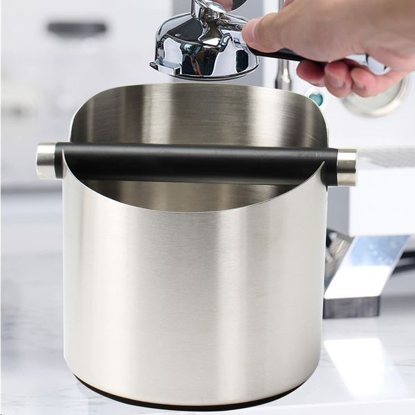 5.55 inch Espresso Knock Box Stainless Steel Coffee Grounds Knock Box With Removable Knock Bar Non-Slip Rubber Base-Silver