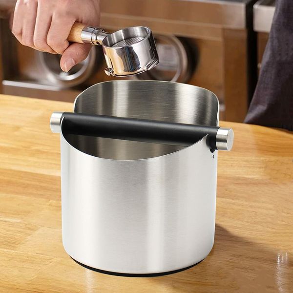 5.55 inch Espresso Knock Box Stainless Steel Coffee Grounds Knock Box With Removable Knock Bar Non-Slip Rubber Base-Silver