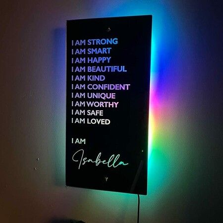 Affirmation Mirror-I Am Mirror-LED Light Up Mirror-Bedroom Decor-Wall Decor Mirror (30 x 15 cm)