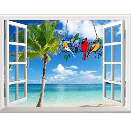 Birds Suncatcher Window Hanging Decor - Cardinal Hummingbird Dove Blue Jay (Double-Side Colorful Painted