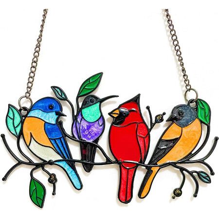 Birds Suncatcher Window Hanging Decor - Cardinal Hummingbird Dove Blue Jay (Double-Side Colorful Painted