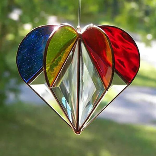 Stained Multi-Sided Heart Sun Catcher Pendant, 3D Handcrafted Pendant Ornaments for Living Room Bedroom Wedding Pendant