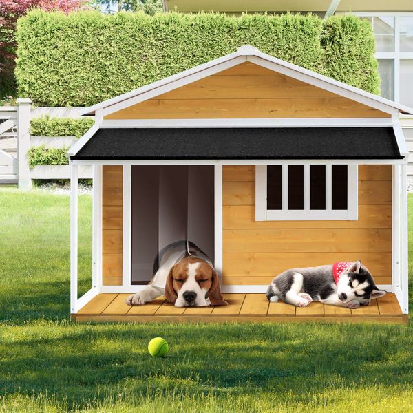 Dog House Kennel Raised Wooden Puppy Pet Shelter Home Outdoor Inside with Porch Window Door Asphalt Roof XL