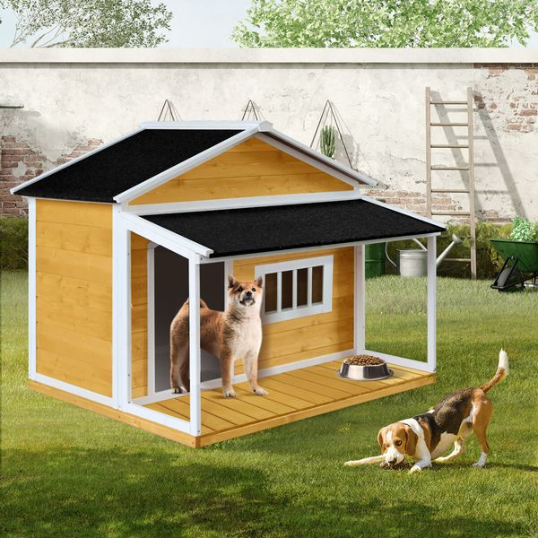 Dog House Kennel Raised Wooden Puppy Pet Shelter Home Outdoor Inside with Porch Window Door Asphalt Roof XL