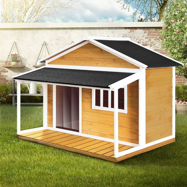 Dog House Kennel Raised Wooden Puppy Pet Shelter Home Outdoor Inside with Porch Window Door Asphalt Roof XL