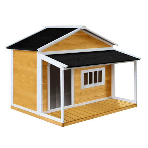 Dog House Kennel Raised Wooden Puppy Pet Shelter Home Outdoor Inside with Porch Window Door Asphalt Roof XL