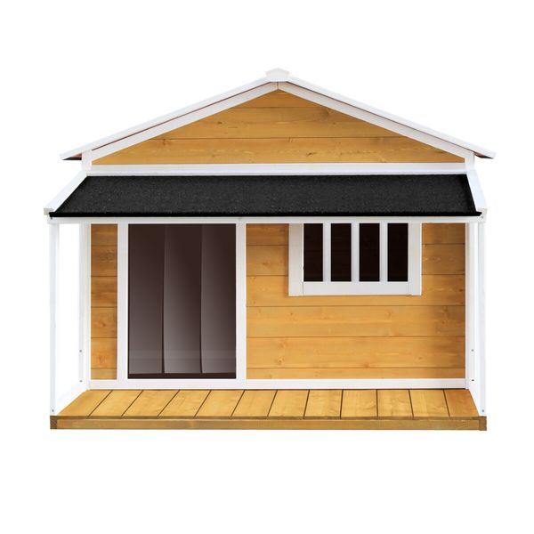 Dog House Kennel Raised Wooden Puppy Pet Shelter Home Outdoor Inside with Porch Window Door Asphalt Roof XL